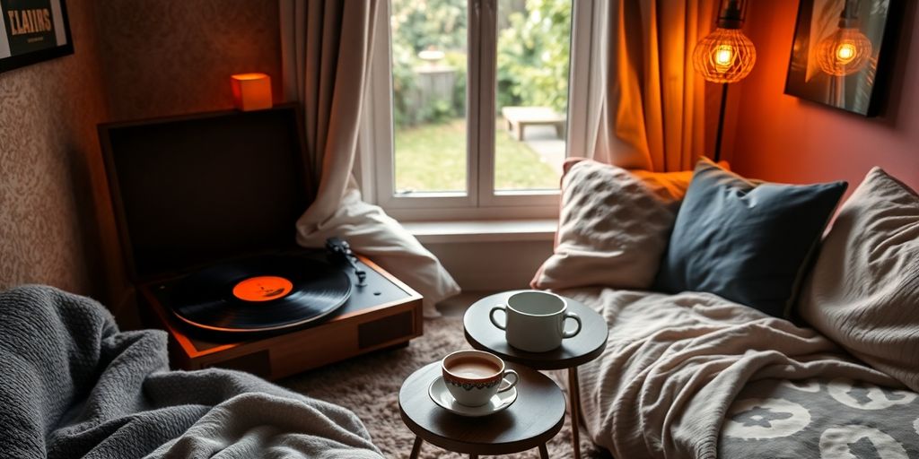 Cozy room with record player, coffee, and relaxing decor.