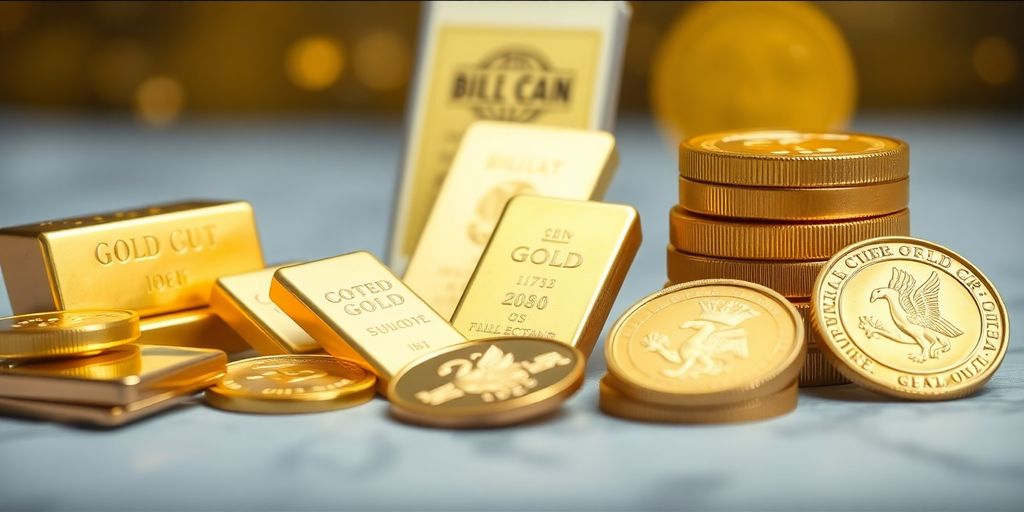 Barres et pièces d'or brillantes sur fond flou.