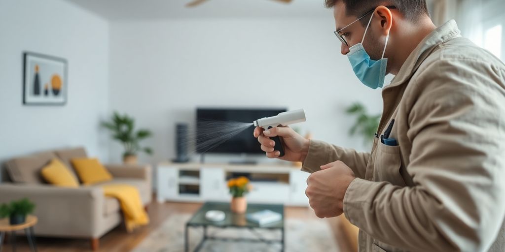 Expert în dezinsecție aplicând insecticid împotriva puricilor.