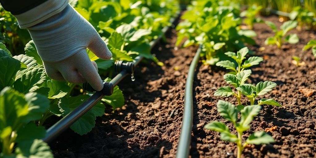 Grüner Garten mit Tropfschlauch, der Wasser auf saftigem Boden tropft