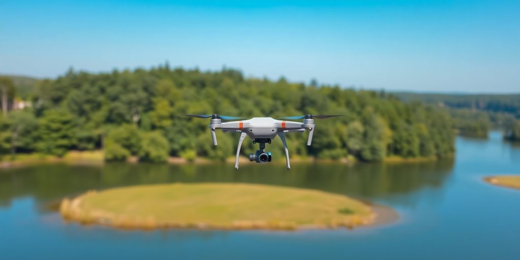 Vue aérienne d'un drone sur un lac à Biscarrosse.