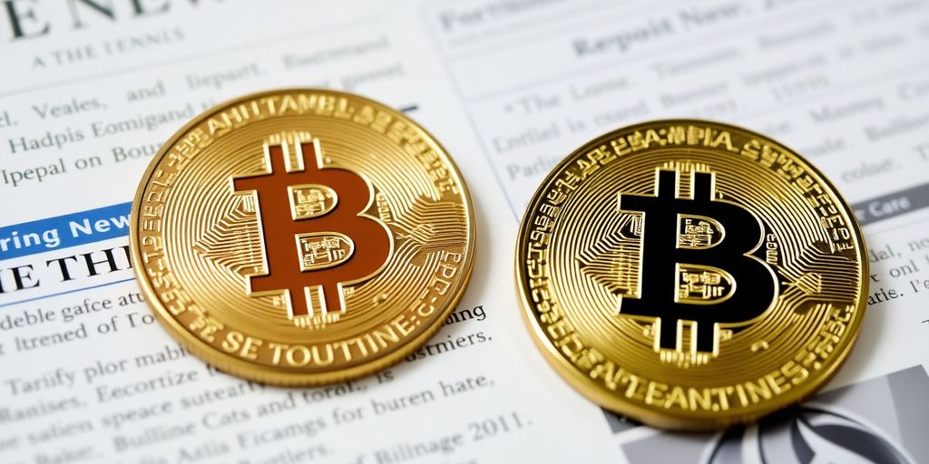 Moneta bitcoin su sfondo di notizie finanziarie sfocate.