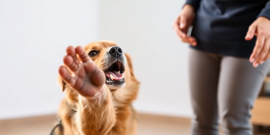 A dog shaking hands with a person.