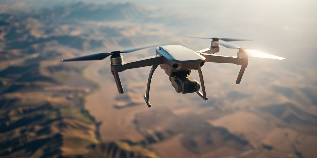 Drone flying over a landscape.