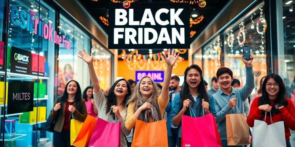 Cena vibrante de compras na Black Friday.