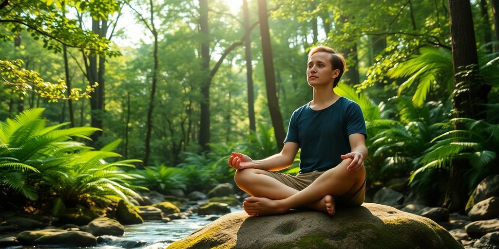 Person meditating peacefully in a serene, natural environment.