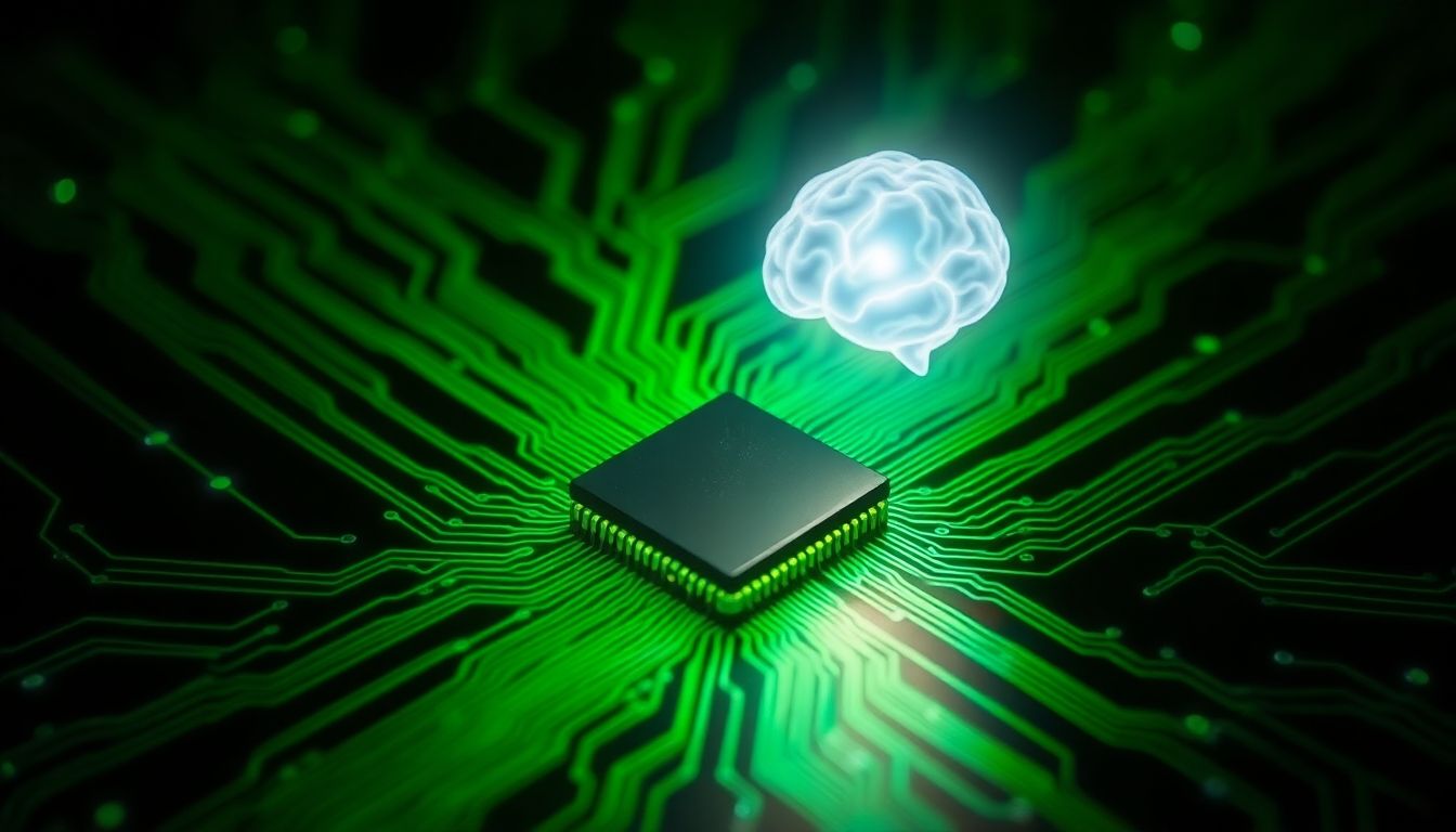 Shimmering microchip, green circuit lines, glowing AI brain.