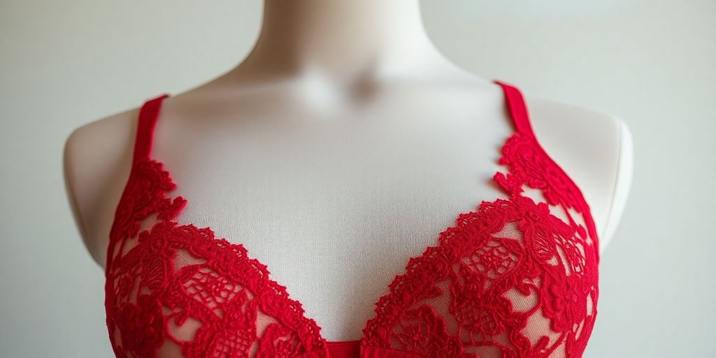 Red bra on mannequin torso.