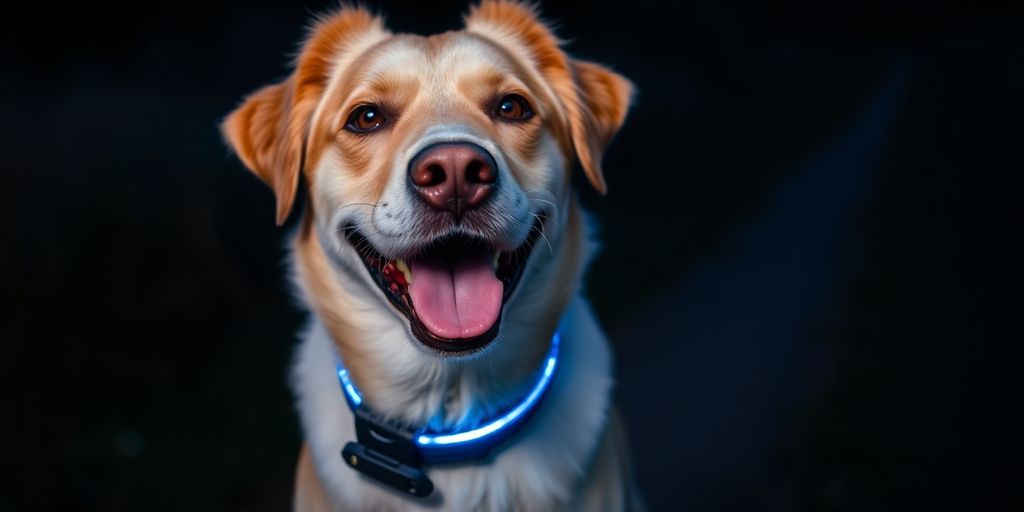 Dog wearing a glowing blue LED collar at night.