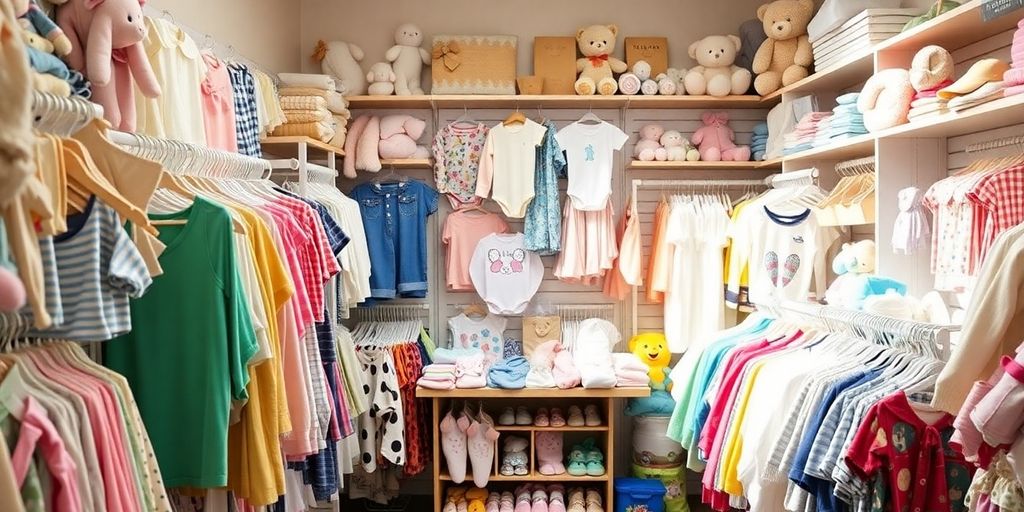Baby clothes displayed in a cozy consignment shop.