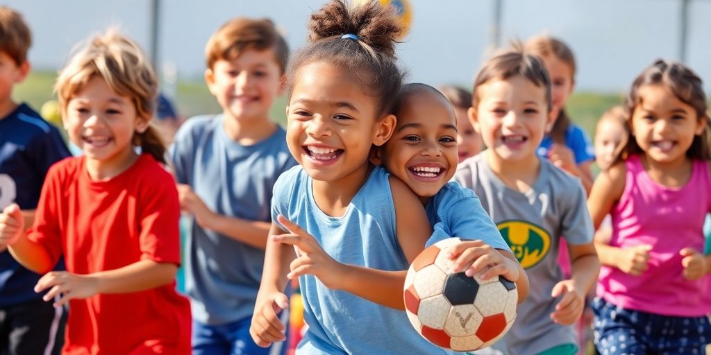 Happy kids playing sports outdoors.