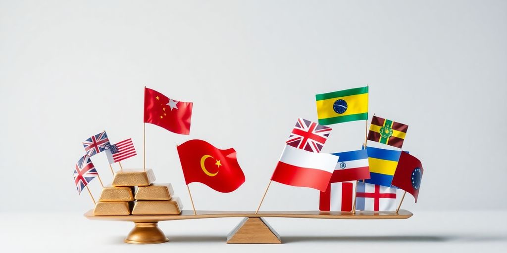 Une balance avec des barres d'or et des drapeaux.