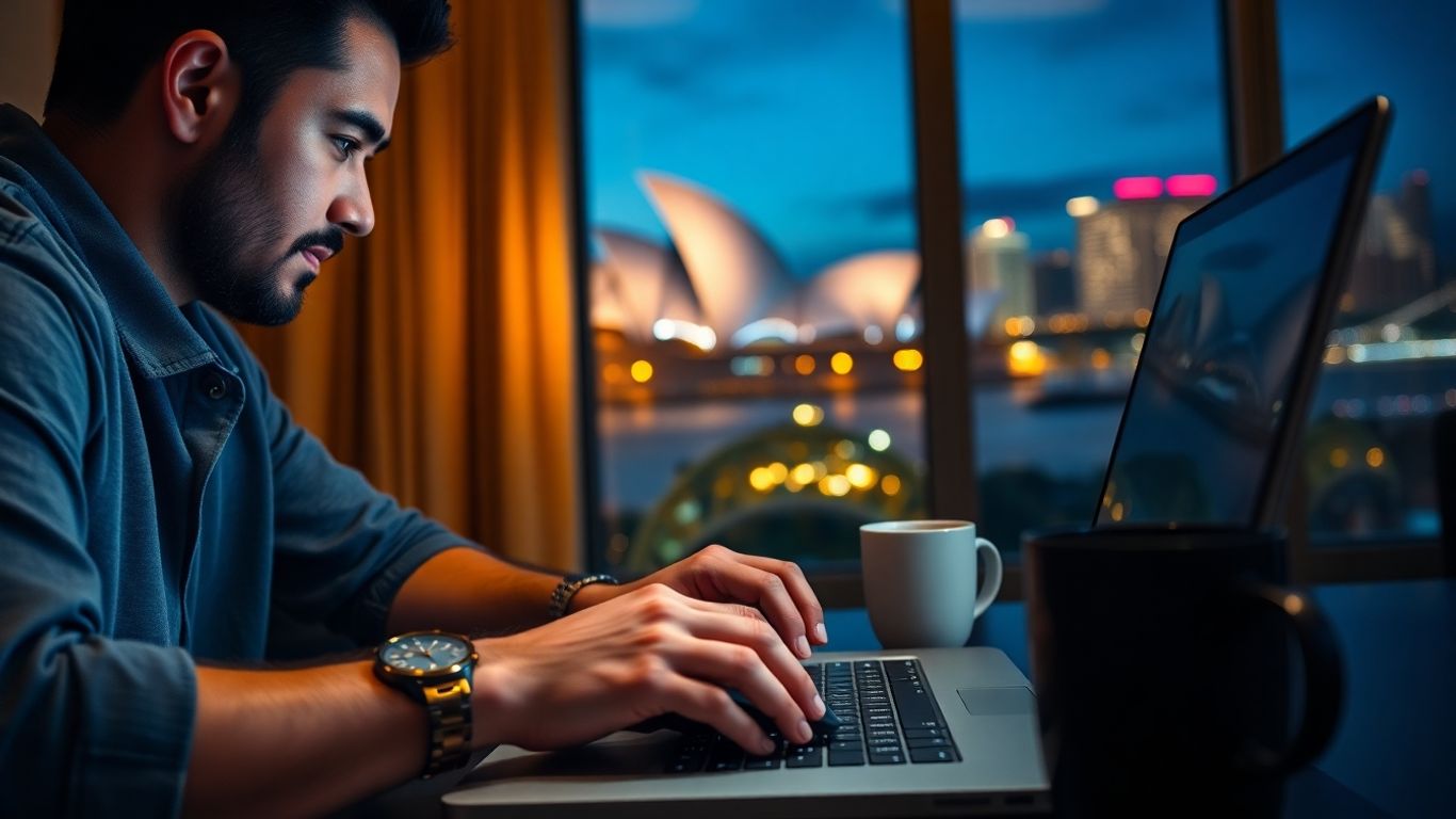 Aussie at laptop playing online poker, Sydney skyline at night.