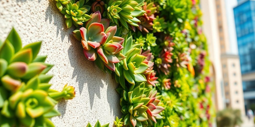 Jardín vertical suculento en pared urbana.