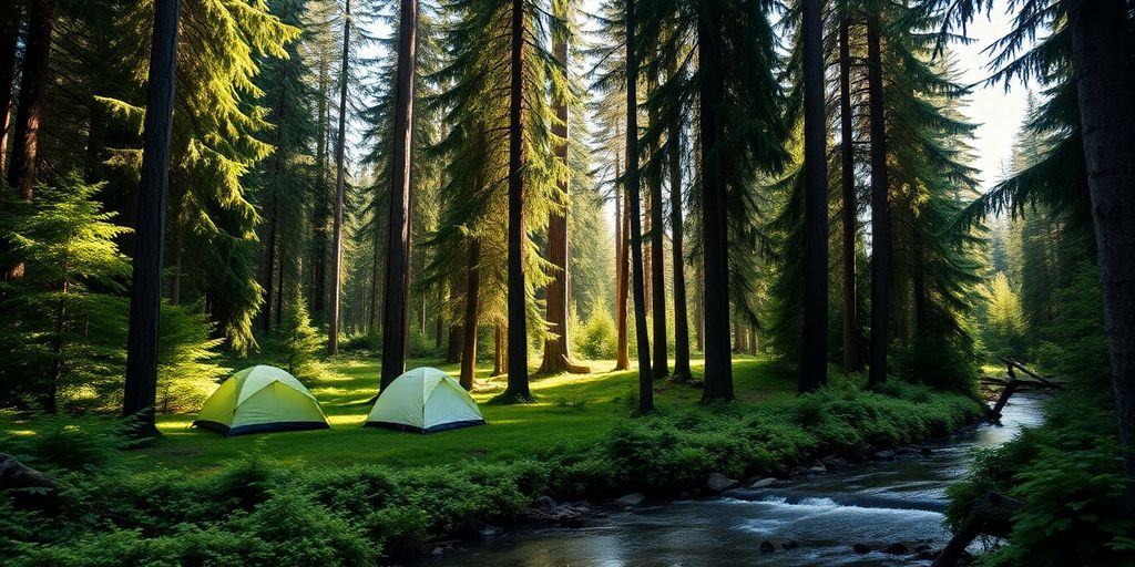 Tents nestled in a lush Juneau campground by forest.