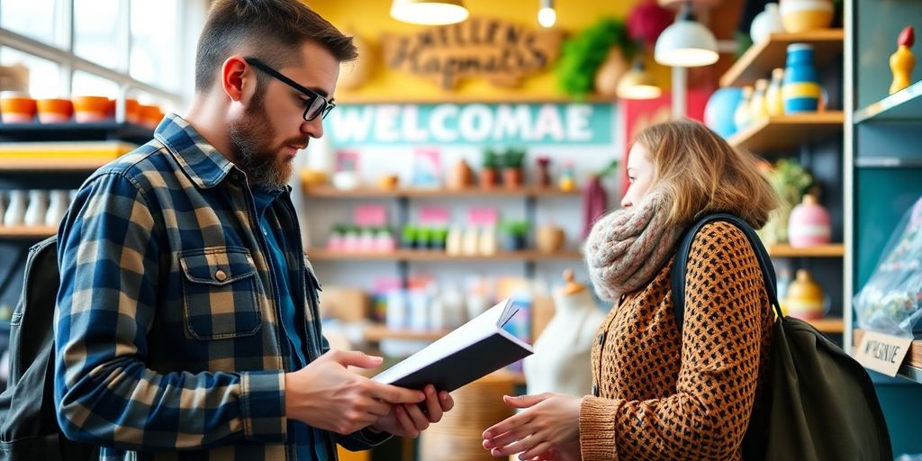 Small business owner assessing customer engagement in a store.