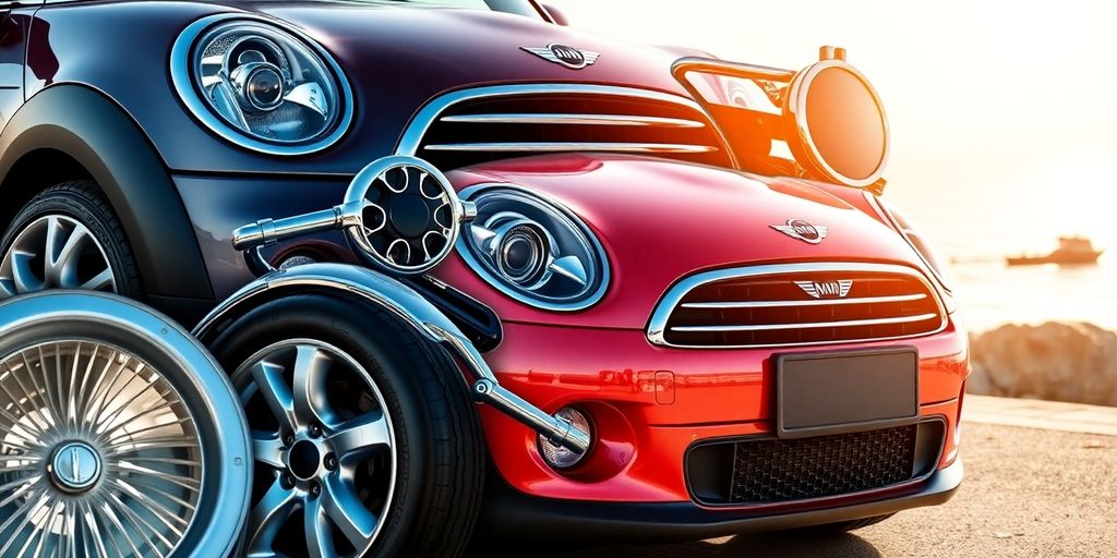 Shiny Mini Cooper parts laid out on a clean surface.