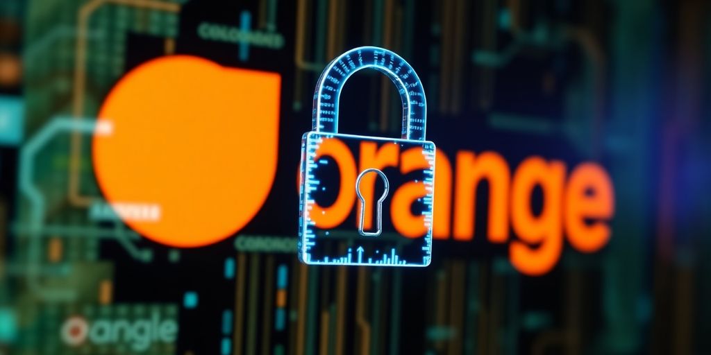 Logo Orange, cadenas numérique, données floues.