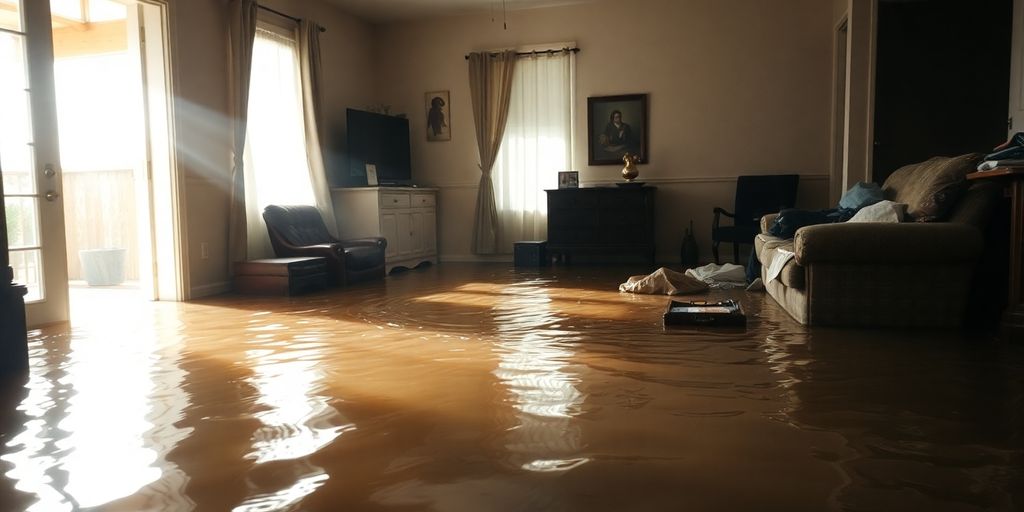 Flooded home interior with submerged furniture and belongings.