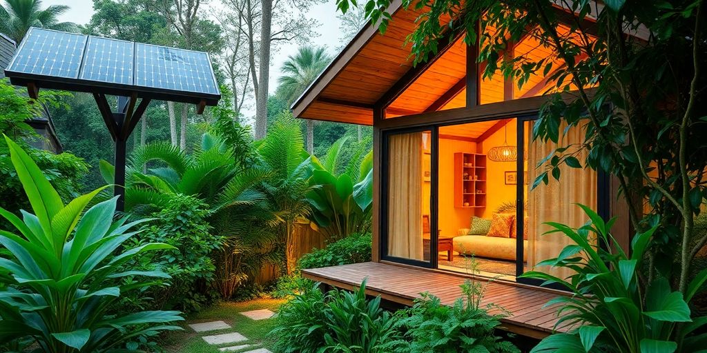 Logement écologique entouré de verdure luxuriante.