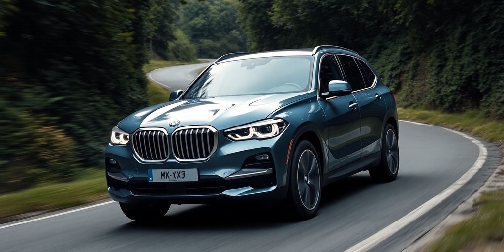 BMW iX5 electric car driving on a scenic road