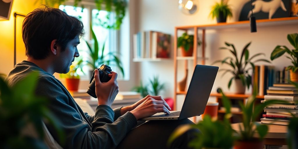 Person using laptop in a cozy workspace with plants.