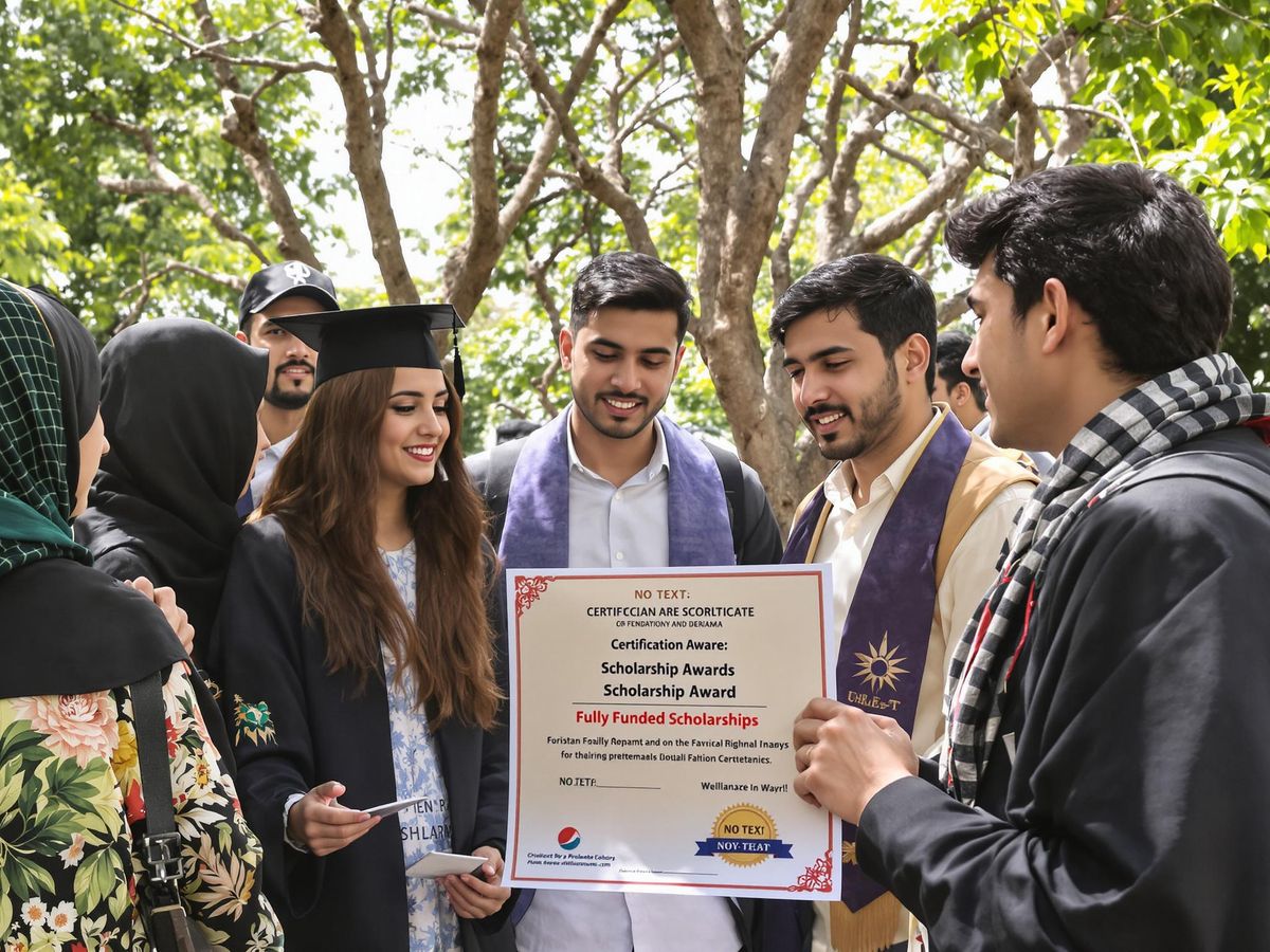 Pakistani students celebrating scholarship opportunities outdoors.