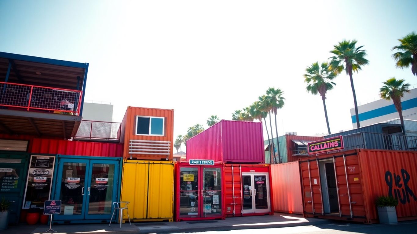 Colorful shipping container pop-up shops in a sunny Los Angeles street.