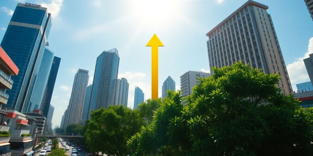 Thai cityscape with upward trending golden arrow