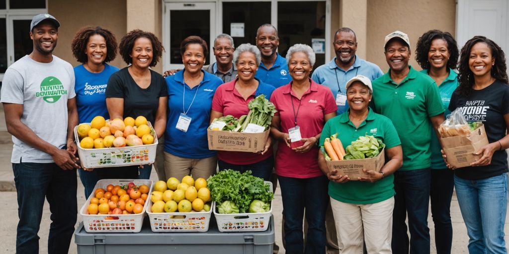 Group holding fresh produce and canned goods.
