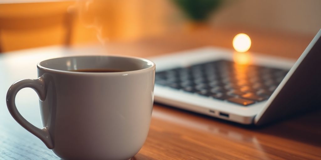 Coffee cup on a table next to a laptop.