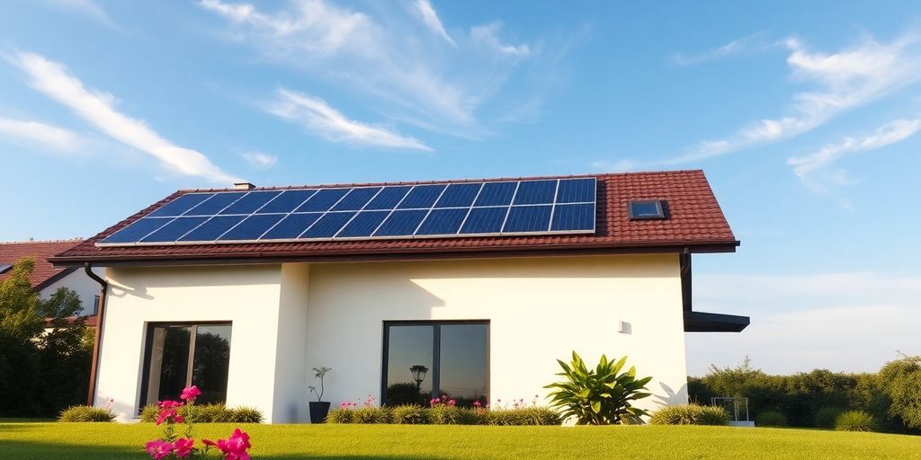 Сонячні панелі на даху будинку з садом