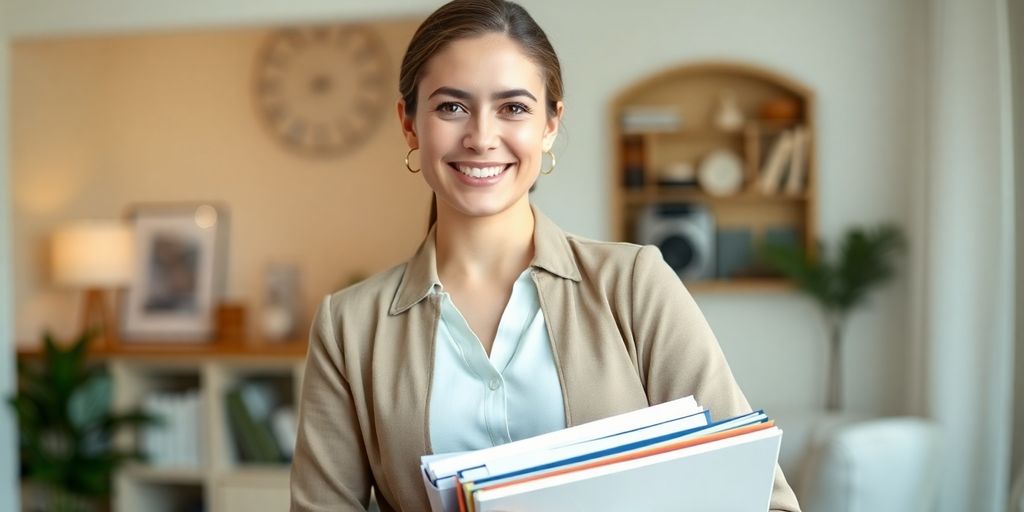 Happy homemaker, young adult, professional attire