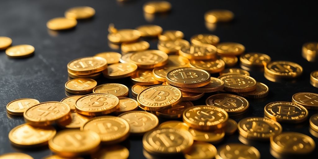 Des pièces d'or brillantes sur une surface sombre.