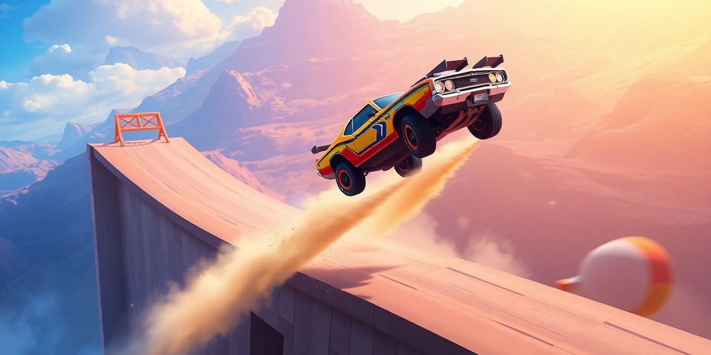 Car jumping over a ramp in a vibrant racing game.