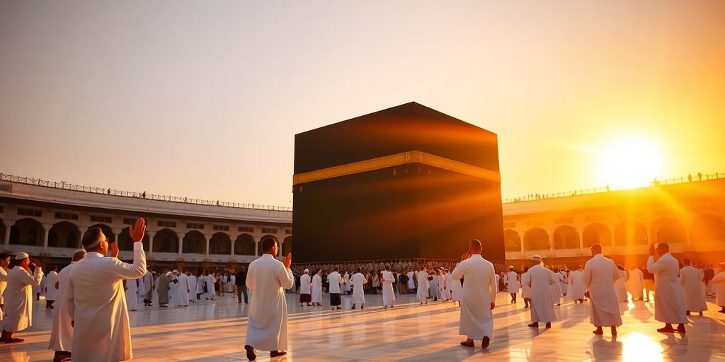 الكعبة المشرفة وحجاج يرتلون التكبيرات في ذي الحجة.