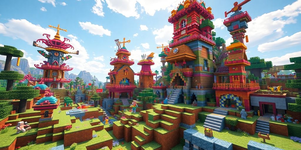 AI-enhanced Minecraft landscape with creative structures and characters.