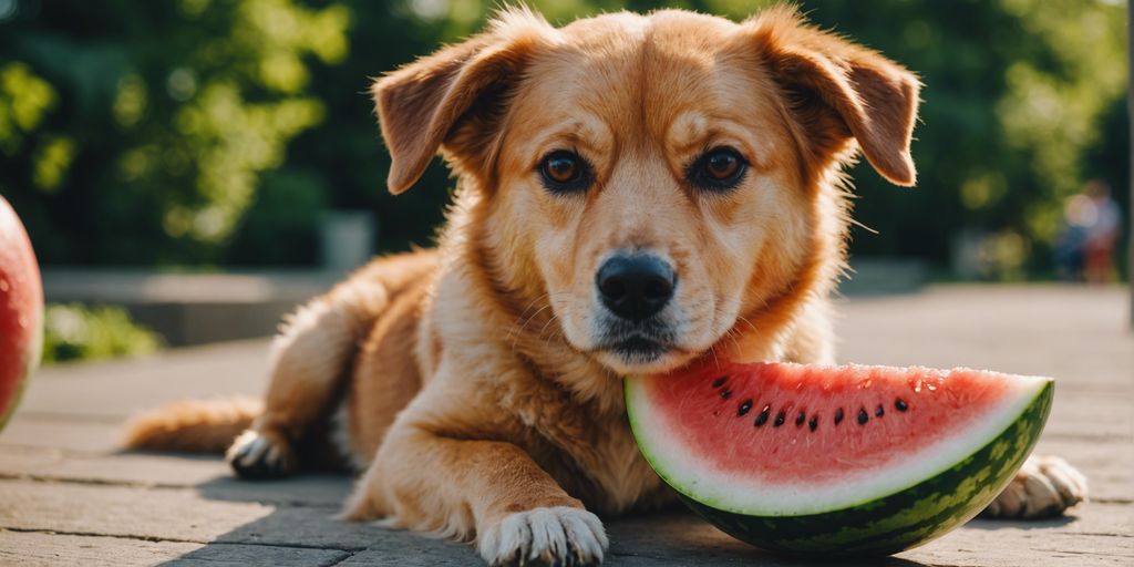 Dog staring at watermelon slice on sunny day.