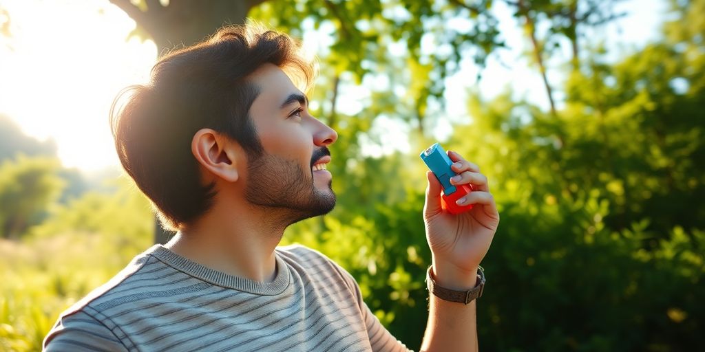 Asthma bronchiale: Person mit Inhalator in der Natur.
