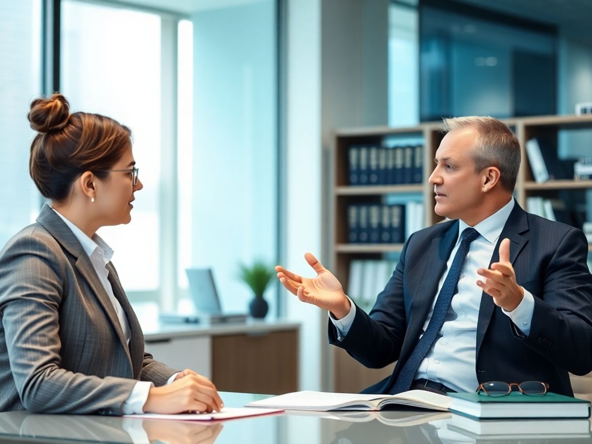 Avocat discutând cu un client într-un birou modern.