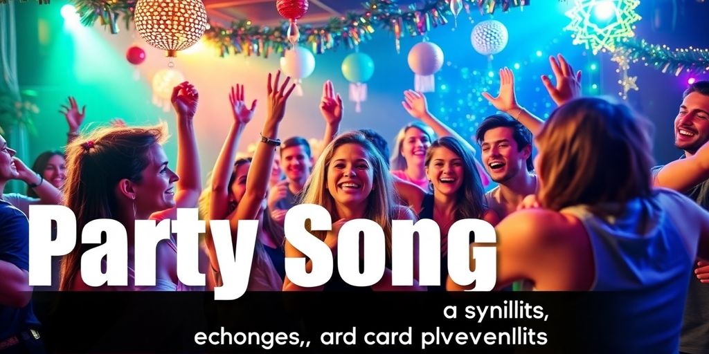Energetic party atmosphere with dancing and colourful lights.