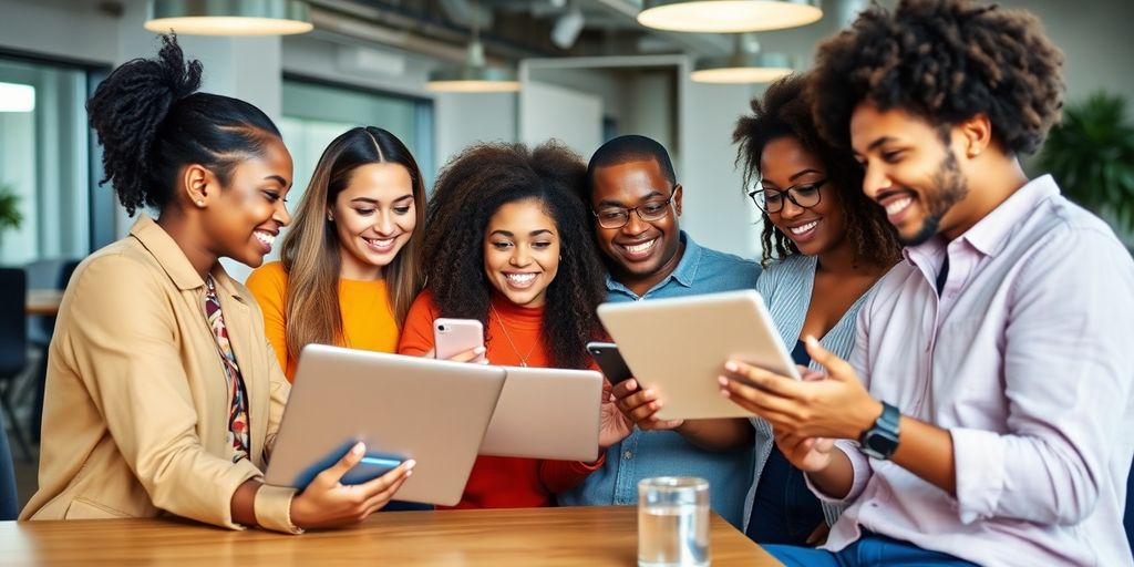 Diverse influencers collaborating in a modern workspace.
