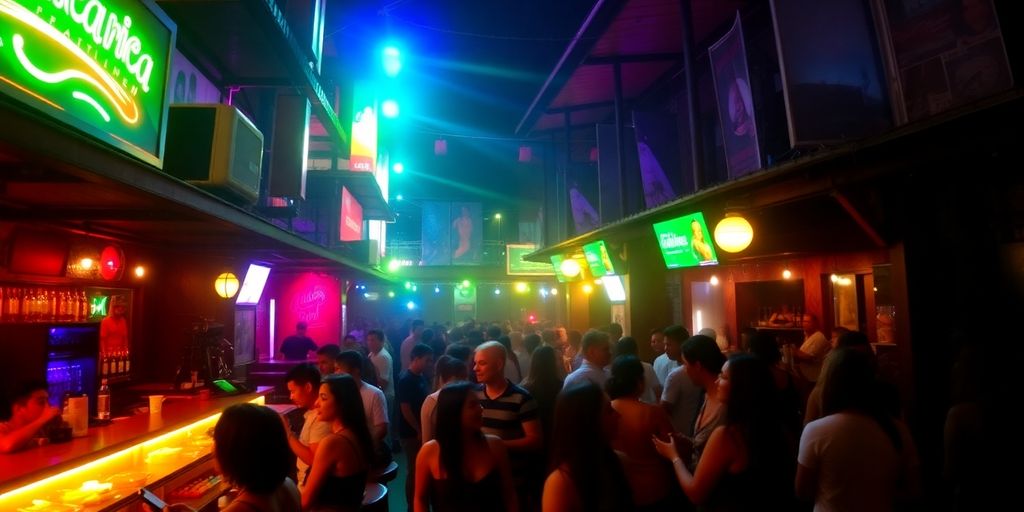 Vida noturna animada em Ipojuca com luzes coloridas.