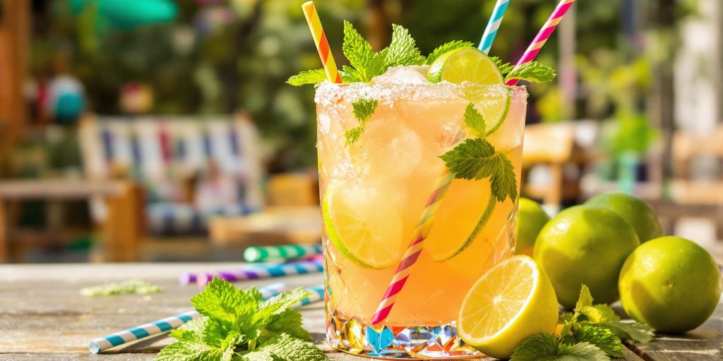 Colorful margarita mocktail with lime and mint garnish.
