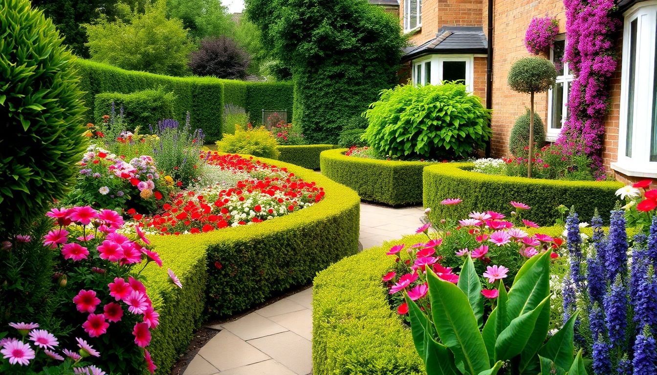 Vibrant London garden with flowers and trimmed hedges.