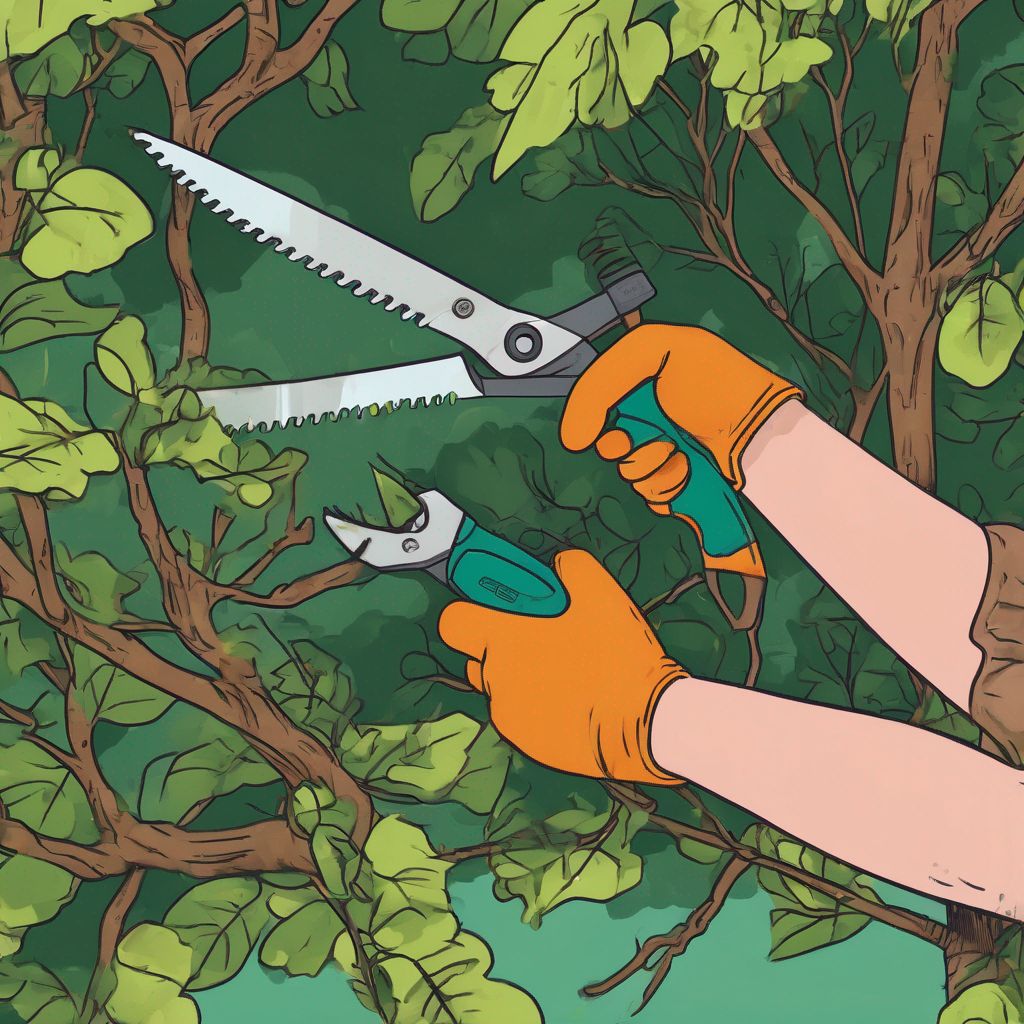 person trimming tree branches safely in a garden