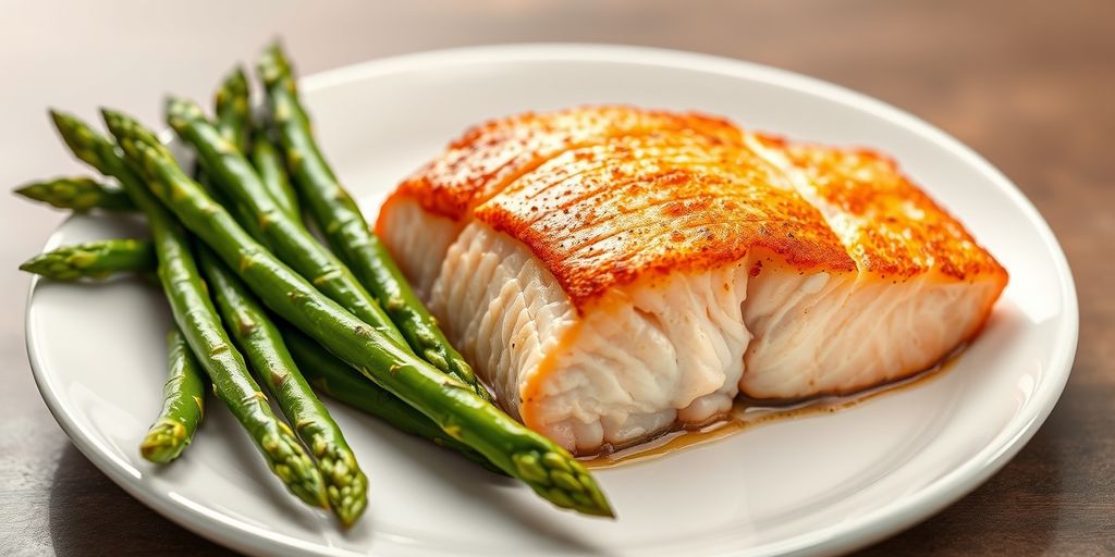 Baked salmon with asparagus on a white plate.