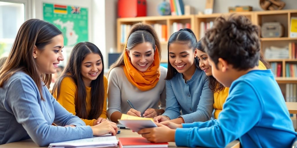 Diverse students collaborating in a bright classroom setting.