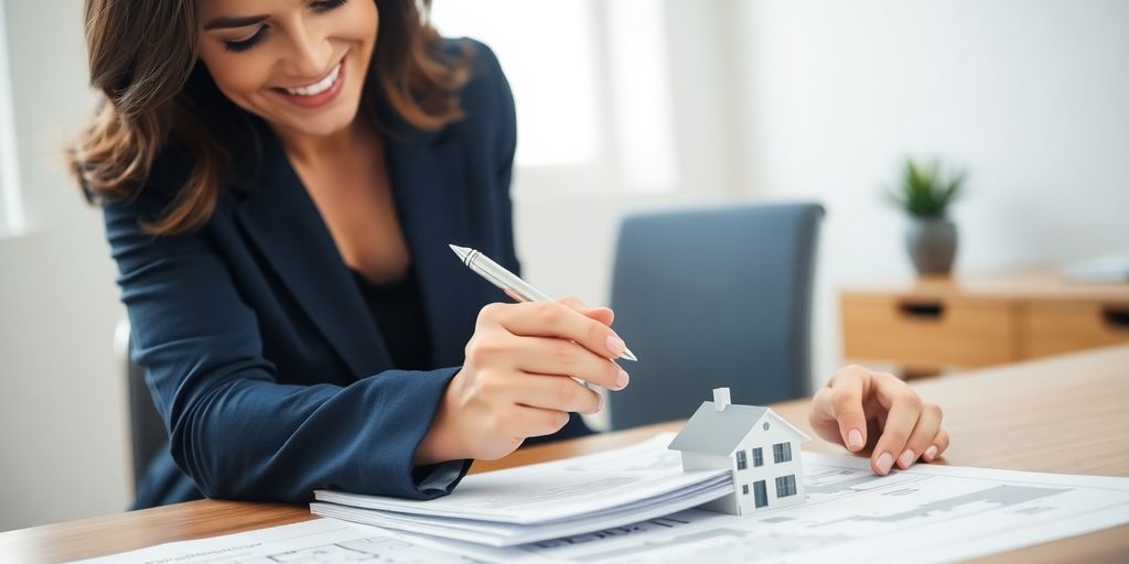 Broker examining house blueprints, holding pen.