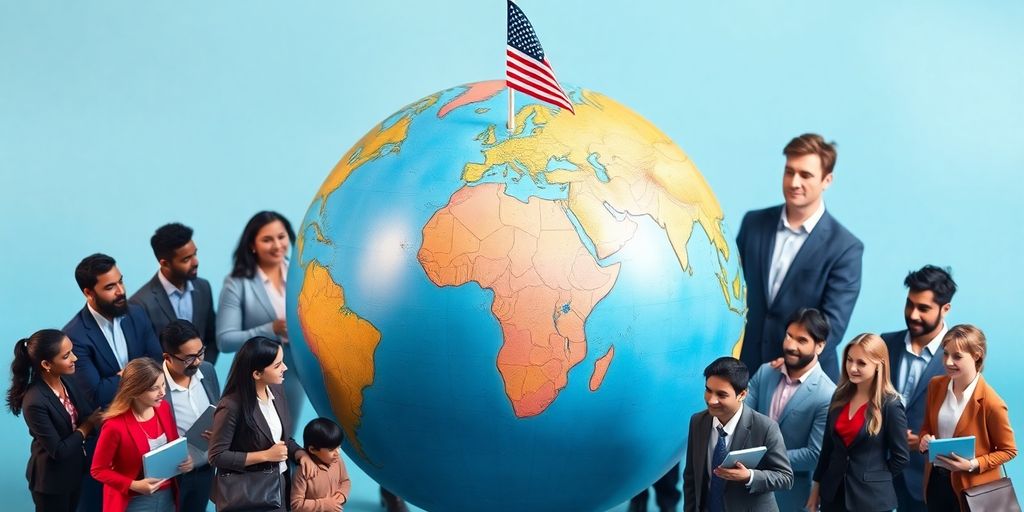 Globe with American flag, diverse professionals.